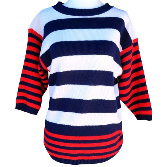 Marlene Sweaters - Marlene Vintage Nautical Stripe Sweater Navy Cream Boat Neck Knit 1980s Sz Small